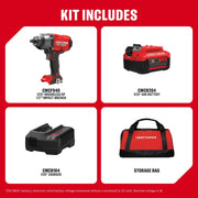 Photo of Craftsman V20 brushless 1/2 in. impact wrench SKU CMCF940M1 with battery and charger.