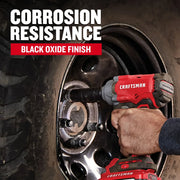 Photo of CRAFTSMAN power tool being used on car wheel, highlighting corrosion resistance and black oxide finish. CMMT16085.