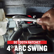 Craftsman ratchet CMMT34563 in use, showing 4 degree arc swing and 90-tooth design inside engine compartment.