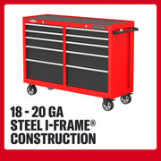 Craftsman red tool chest with soft-close drawers, CMST98273RB, shown from front angle with open drawers.