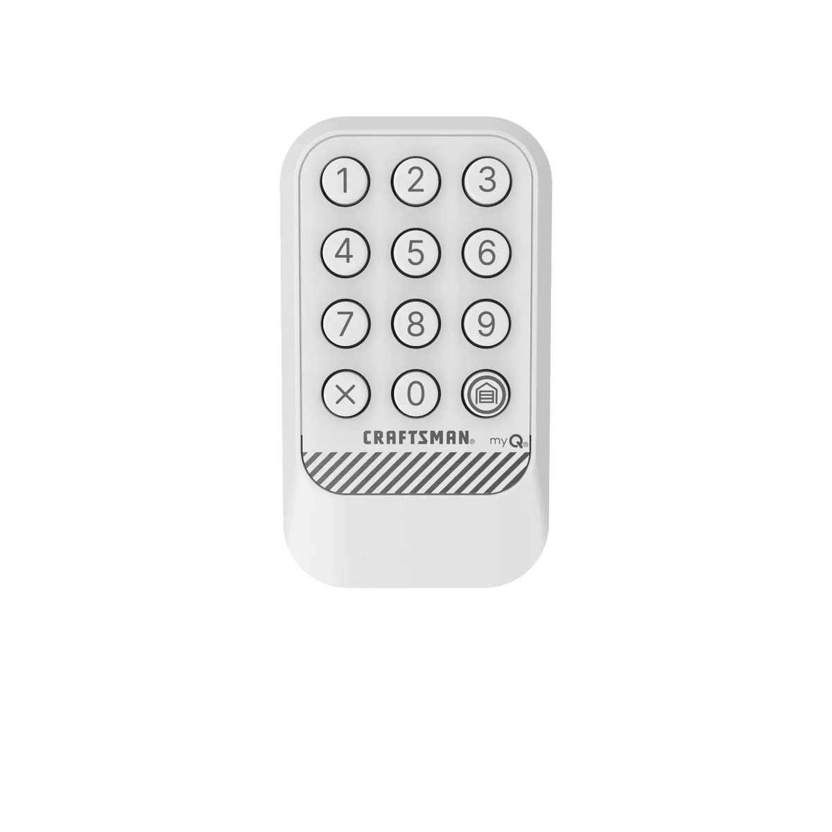 Craftsman CMX348 wireless keypad for garage door, white, front angle, photo on white background.