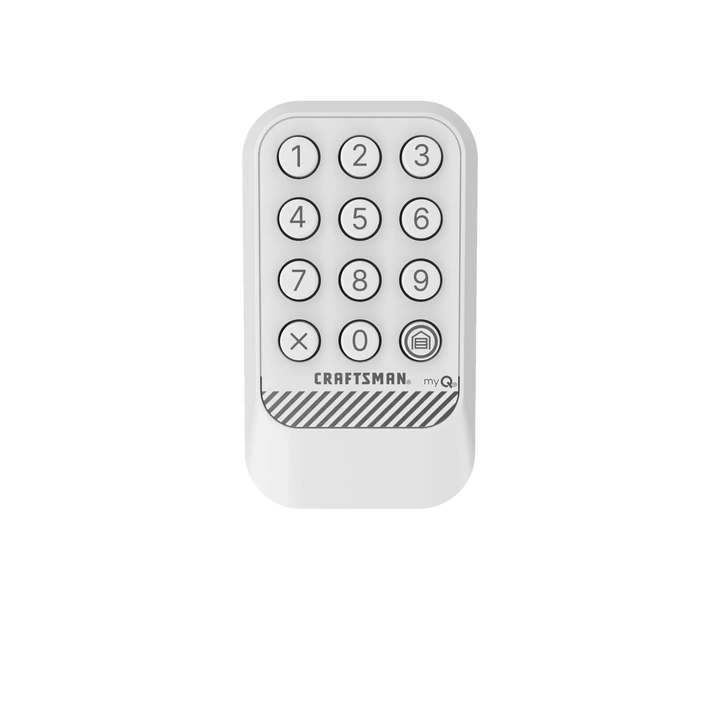 Craftsman CMX348 wireless keypad for garage door, white, front angle, photo on white background.