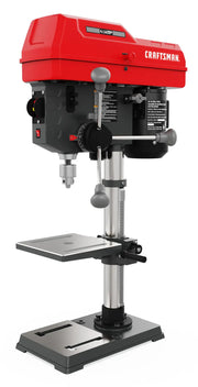 A Craftsman benchtop drill press with a red motor housing, adjustable worktable, and metal base, used for precision drilling in woodworking or metalworking.