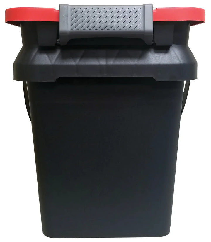 Craftsman black plastic storage bin with red lid CMXZVBE38769 white background beauty shot front angle
